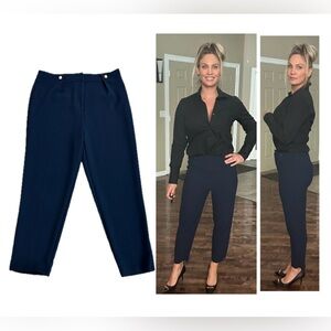 Topshop midnight Navy blue tapered ankle length trouser dress pants pull on Sz 8